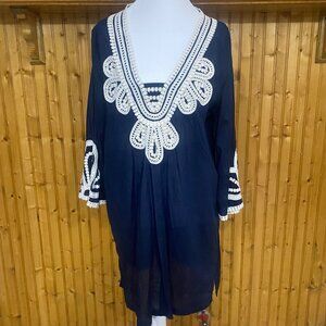 J.Crew Tunic Top Womens  Size L Navy Blue White Crochet Trim V-Neck 100% Cotton